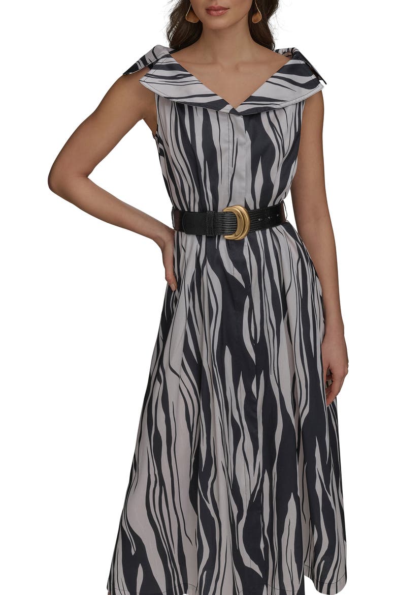 Zebra Print Notched Lapel Belted Midi Dress, Alternate, color, BLACK/PRISTINE