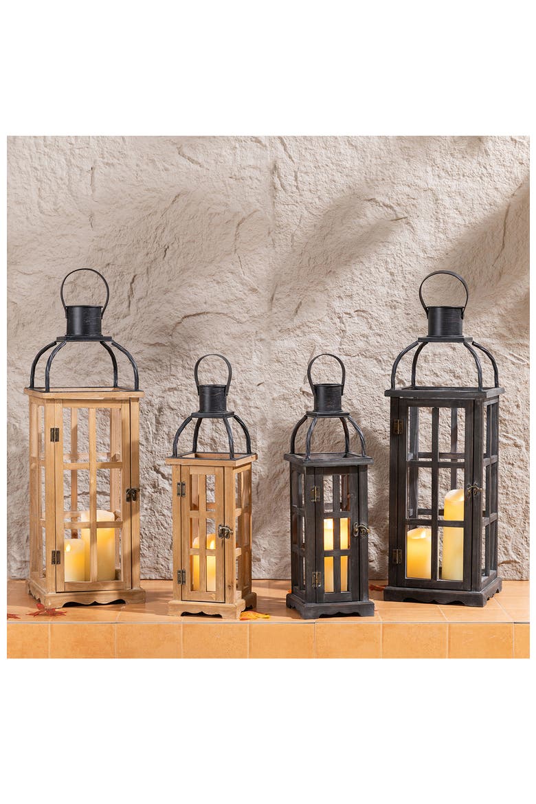 Set of 2 Farmhouse Vintage Wood & Metal Lanterns Candle Holders with Hanger, Alternate, color, Brown