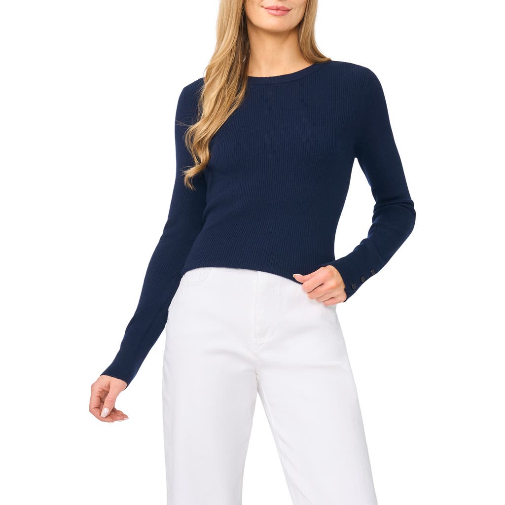 Halogenr Halogen(r) Button Cuff Rib Crewneck Sweater In Classic Navy