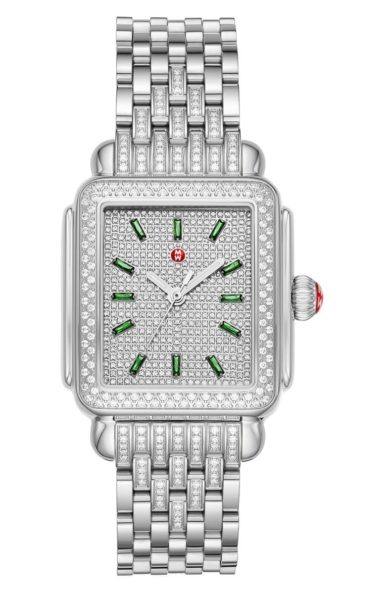 MICHELE Deco Limited Edition Emerald & Pavé Diamond Watch Head & Diamond Bracelet, 34mm, Main, color, 