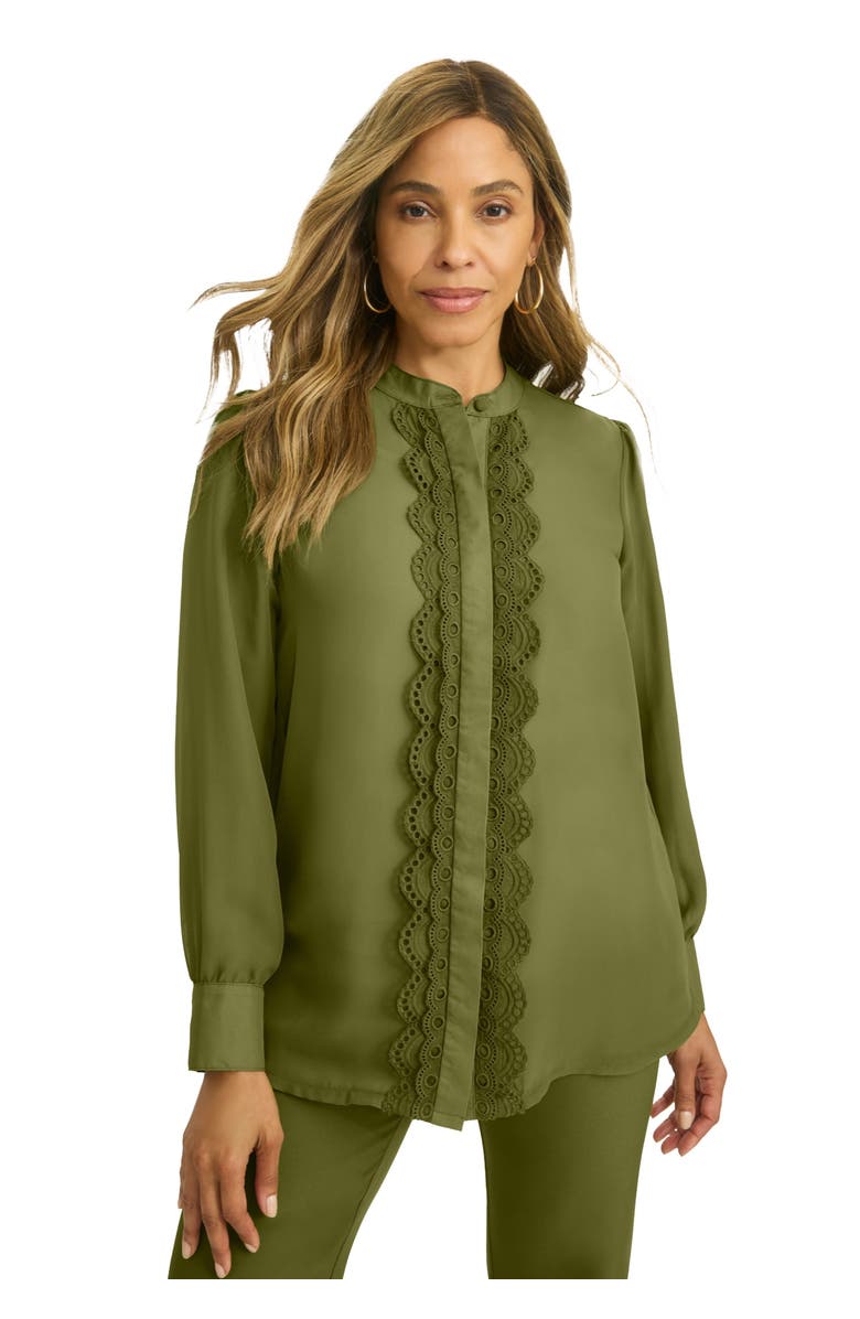 Jessica London Eyelet Trim Blouse, Main, color, Moss Green