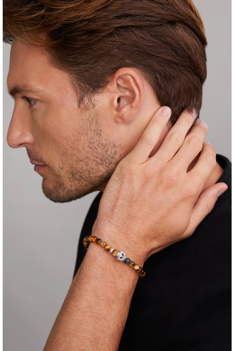 Men's Anthem Tiger's Eye Skull Stretch Bracelet, Alternate, color, STERLING SILVER