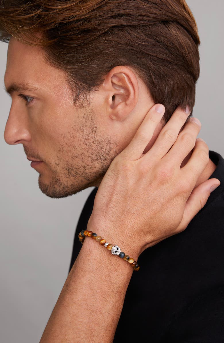 LAGOS Men's Anthem Tiger's Eye Skull Stretch Bracelet, Alternate, color, Sterling Silver