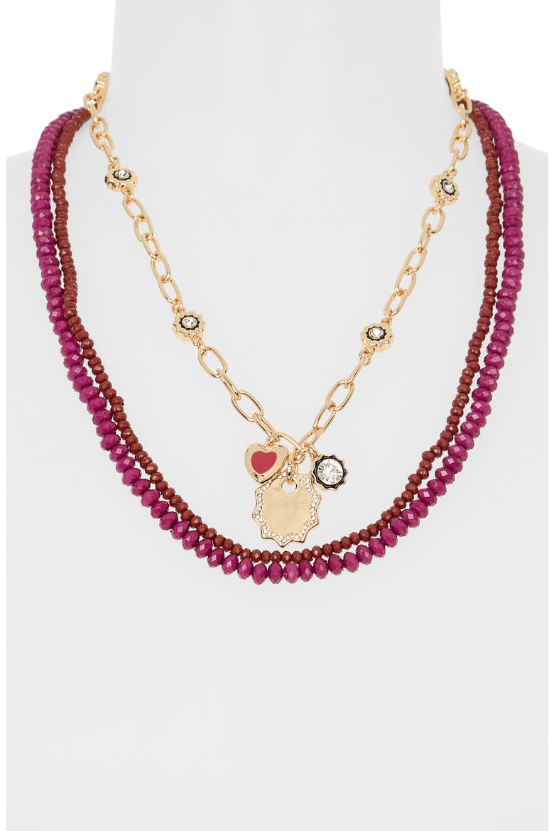 Layered Bead and Charm Necklace, Alternate, color, BURGUNDY MULTI- GOLD