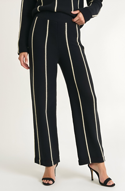 Modenaire Wide Leg Knit Pants With Contrasting Vertical Stripe And Ribbed Waistband In Black