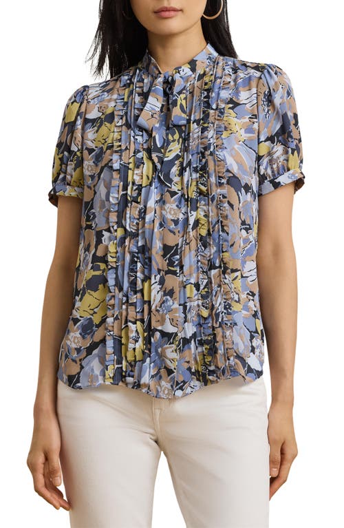 Ralph Lauren Lauren  Floral Ruffle Georgette Top In Blue Multi