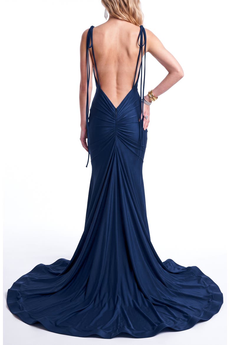 Plunging V-Neck Tie-Strap Mermaid Evening Gown, Alternate, color, Navy