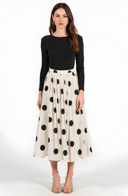 Modenaire Polka Dot Pleated Midi Skirt In White