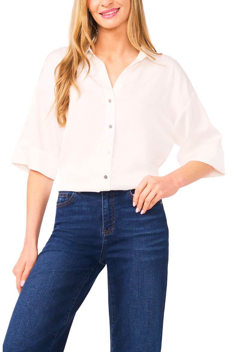 Three-Quarter Sleeve Satin Button-Up Shirt, Main, color, NEW IVORY