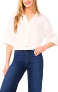 CeCe Three-Quarter Sleeve Satin Button-Up Shirt
