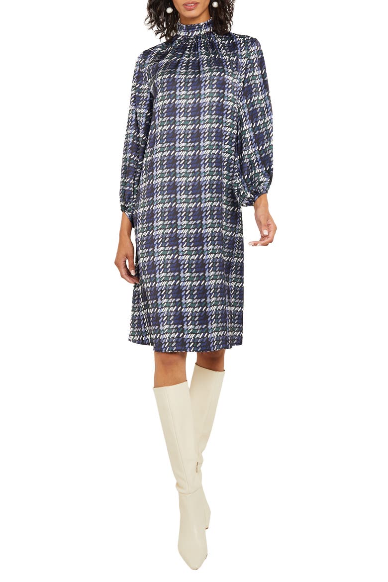 Crêpe de Chine Long Sleeve Shift Dress, Main, color, OCEANIC/HUNTER GRN/NEUTRAL GRY