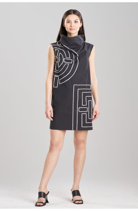 Tech Cotton Taffeta Funnel Shift Dress w/ Embroidery