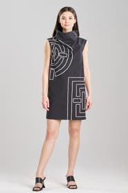 Natori Tech Cotton Taffeta Funnel Shift Dress w/ Embroidery