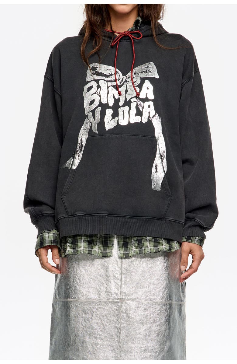 Bimba y Lola Logo Tie Hoodie, Main, color, Washed Black