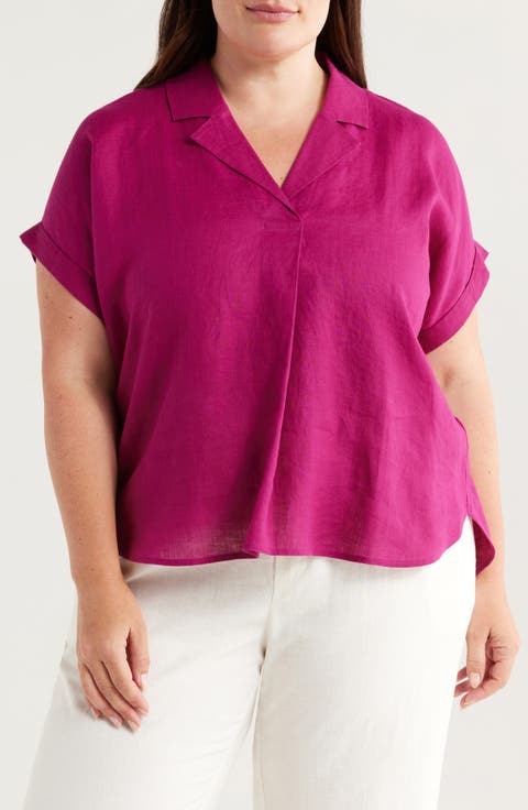 Cuffed Cap Sleeve Organic Linen Top (Plus)