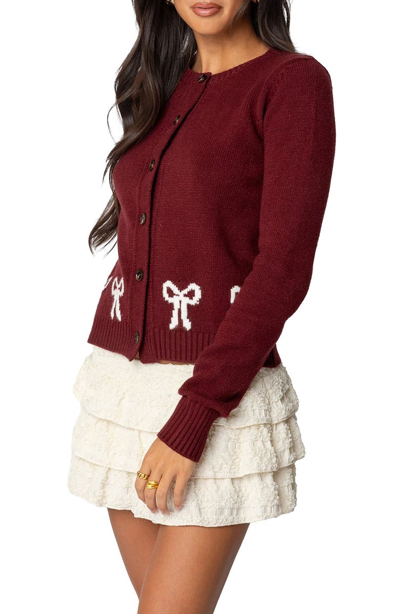 EDIKTED Rona Intarsia Bow Cardigan, Main, color, Burgundy