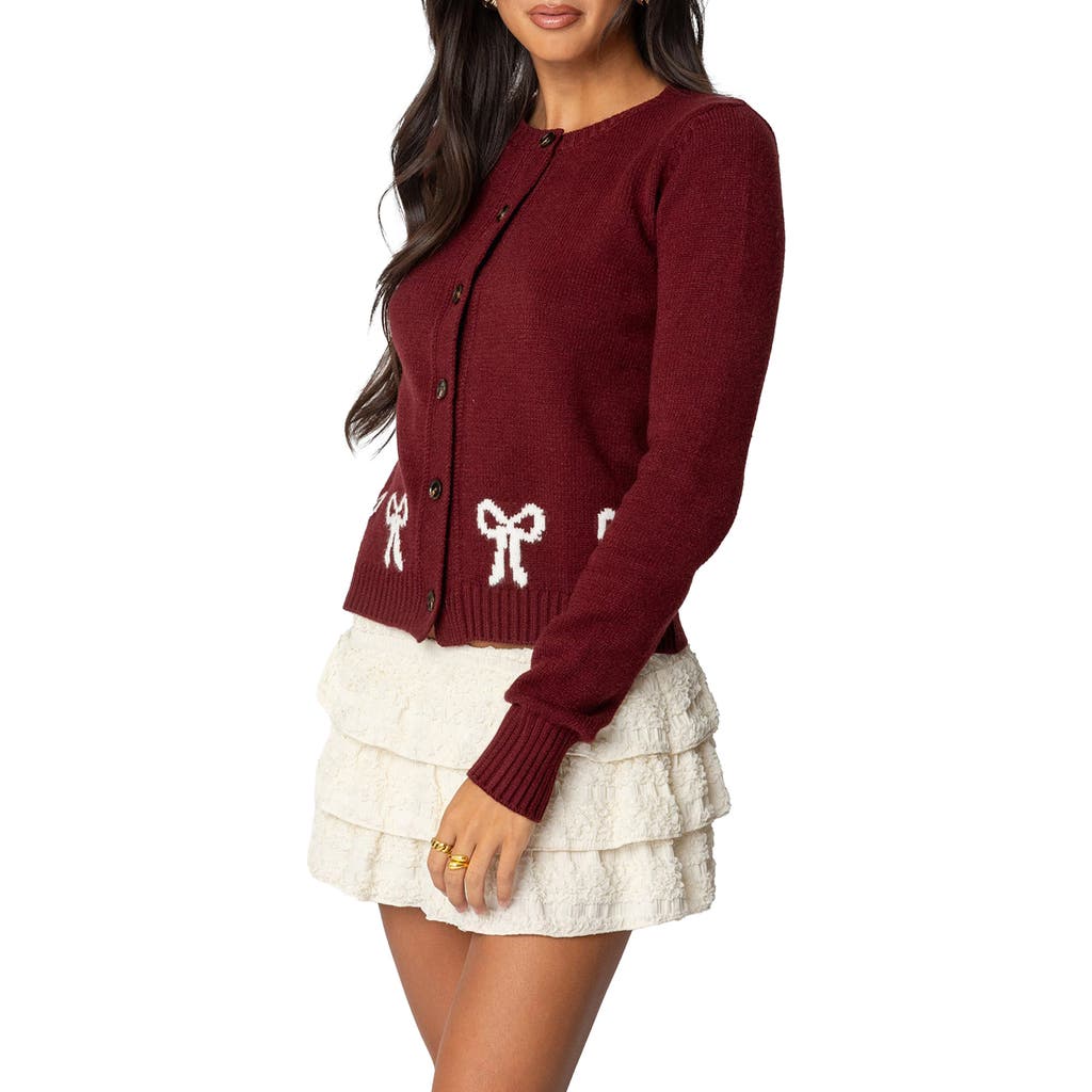 Edikted Rona Intarsia Bow Cardigan In Burgundy