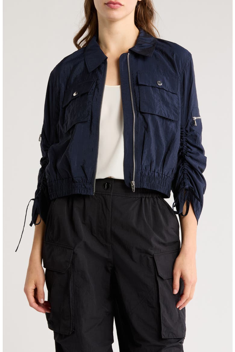 Genevive Ruched Sleeve Jacket, Main, color, NAVY