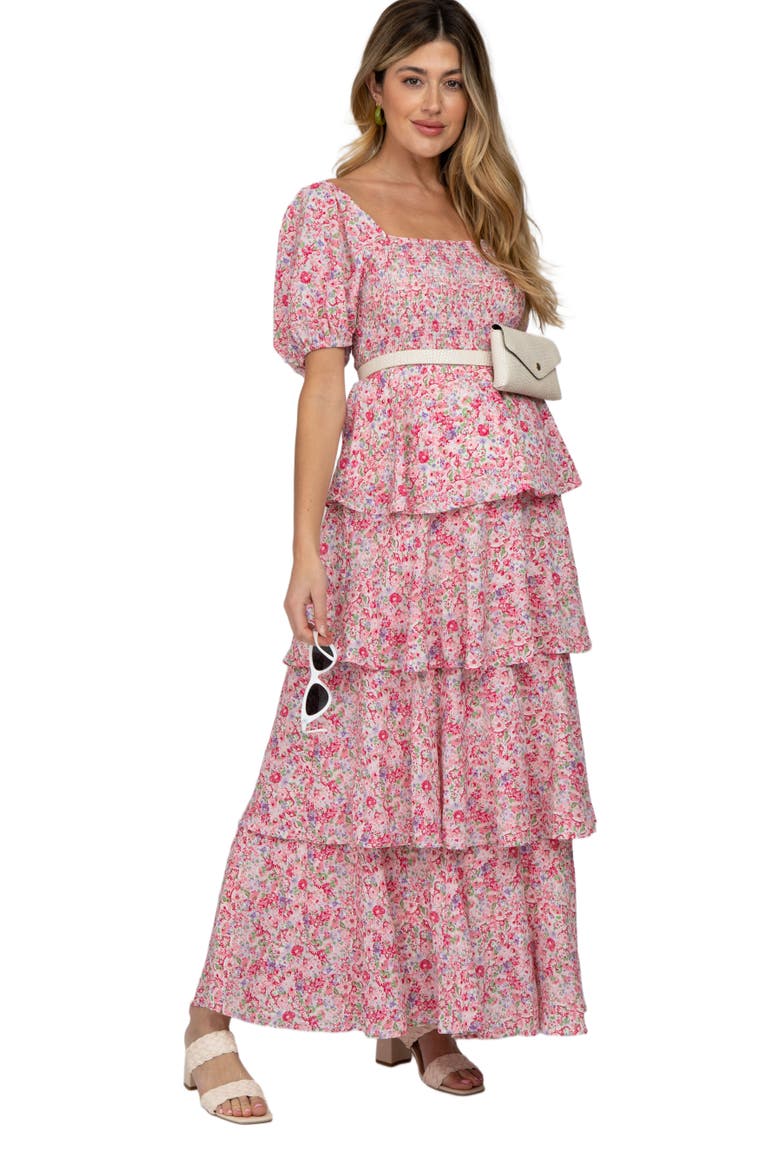 Floral Square Neck Ruffle Layered Maxi Dress, Alternate, color, Pink