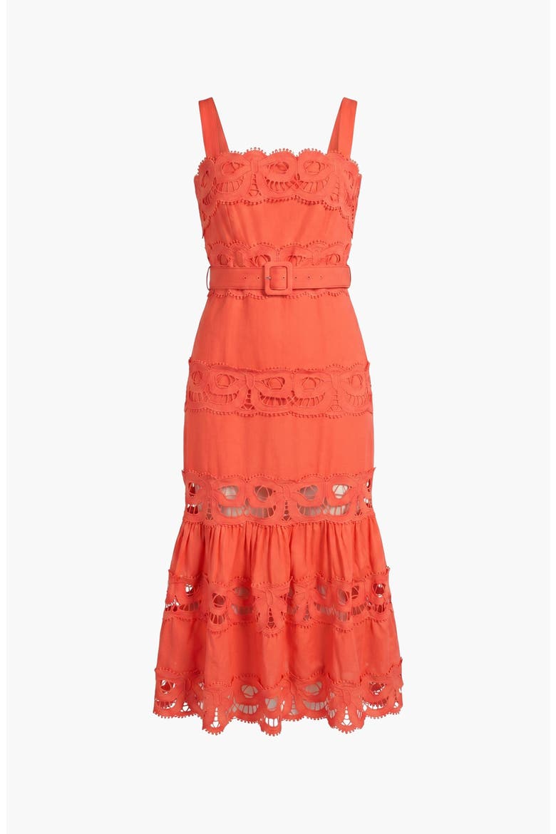 Belted Lace Inset Midi Dress with Square Neck and Tiered Skirt, Main, color, Red