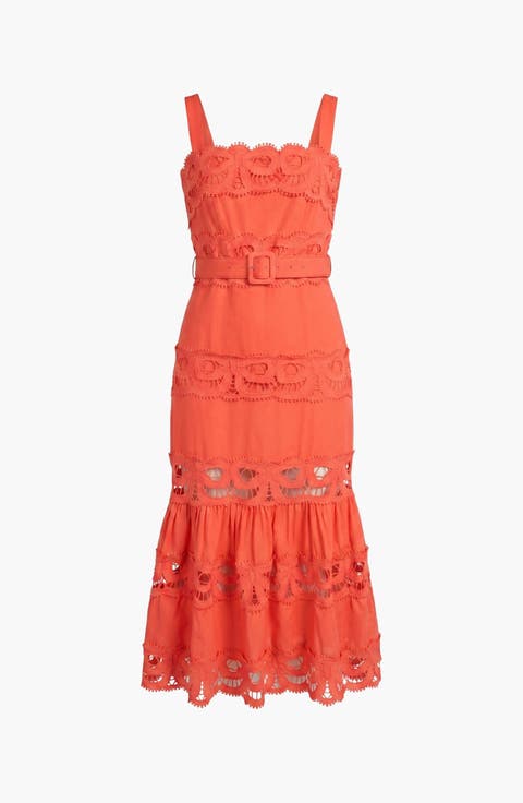 Belted Lace Inset Midi Dress with Square Neck and Tiered Skirt