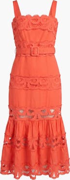 Modenaire Belted Lace Inset Midi Dress with Square Neck and Tiered Skirt