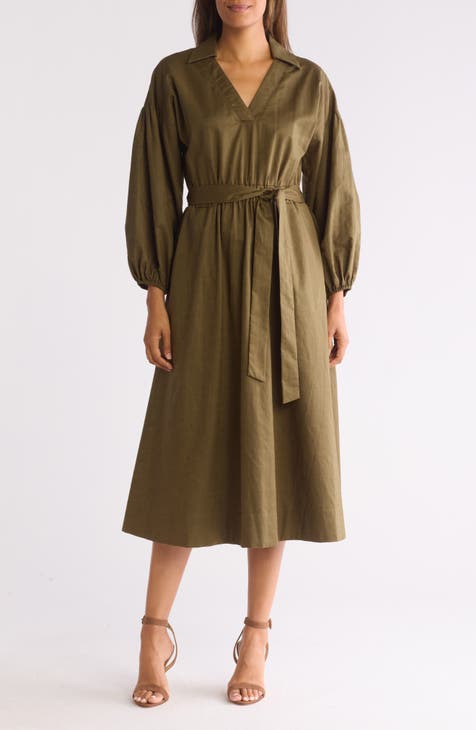 Long Sleeve Cotton & Linen Midi Shirtdress