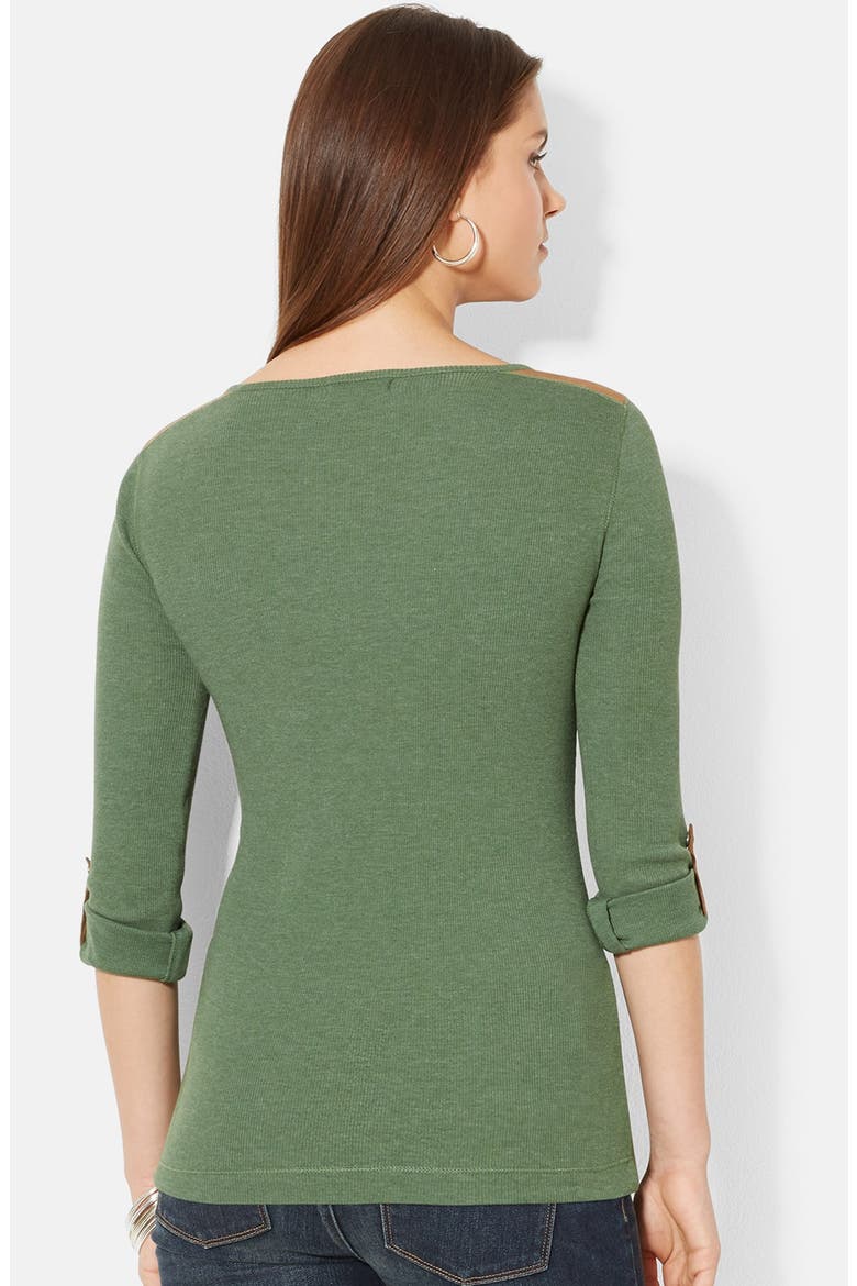 Faux Suede Trim Cotton Henley Tee, Alternate, color, LIGHT GREEN HEATHER