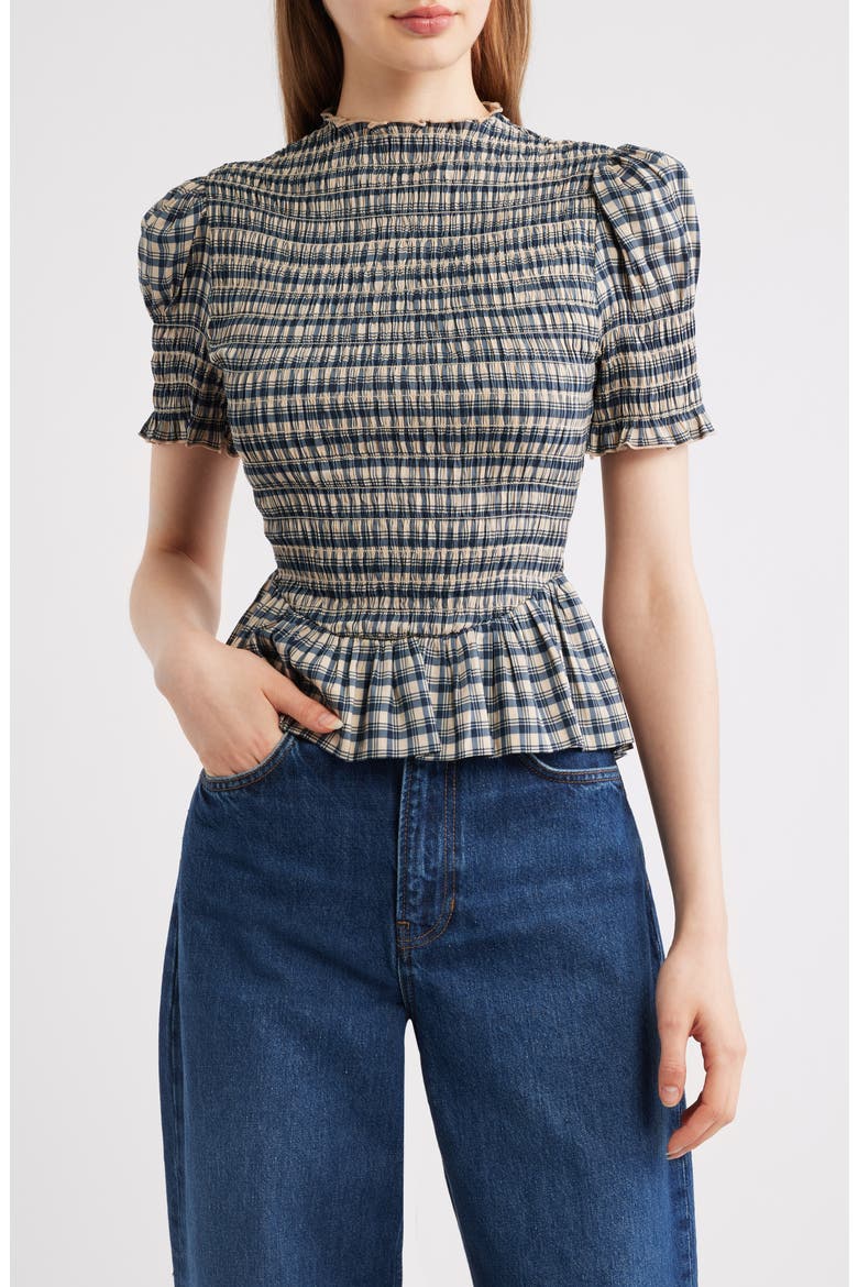 Aggie Smocked Ruffle Hem Top, Main, color, BEACON CHECK