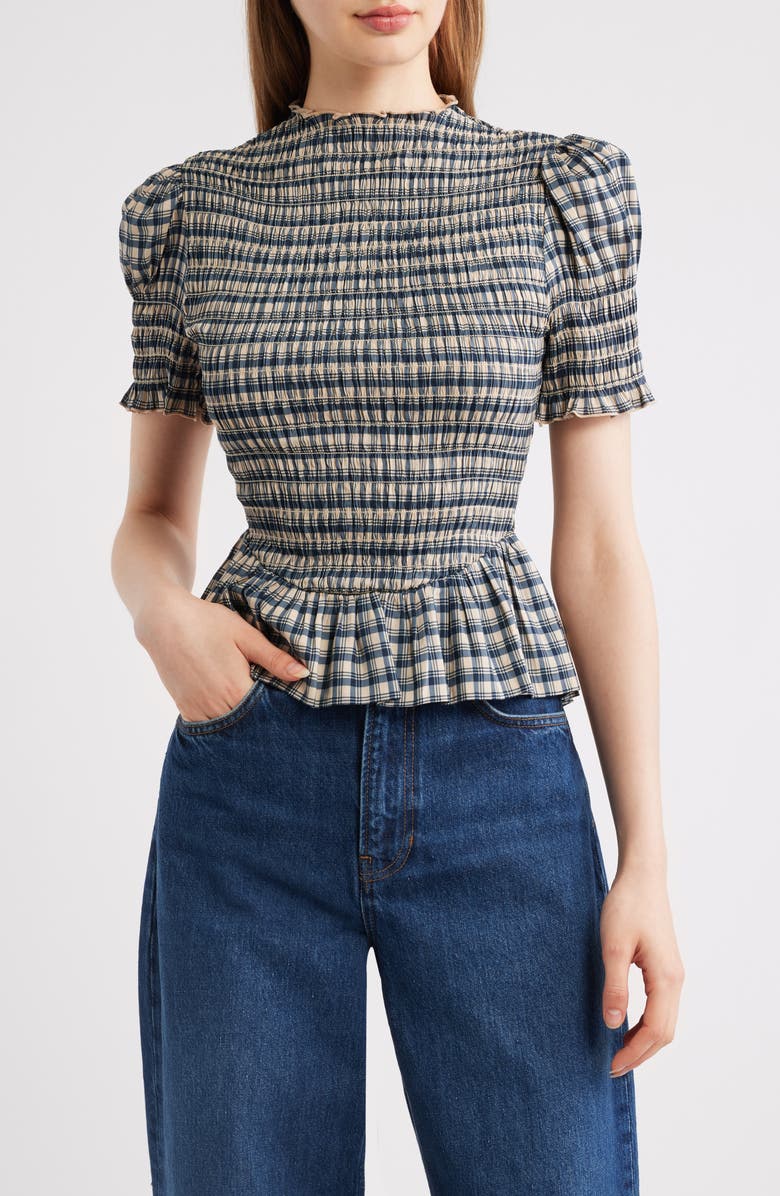Reformation Aggie Smocked Ruffle Hem Top, Main, color, Beacon Check