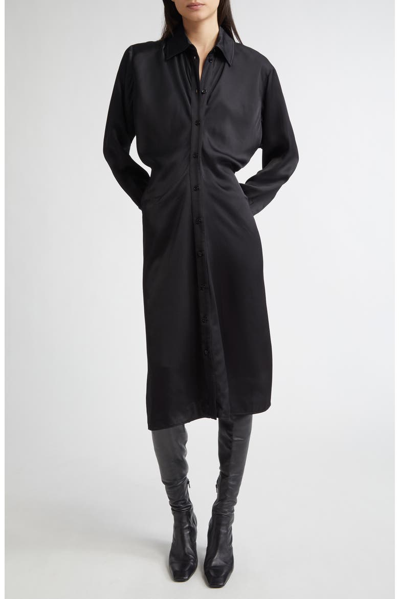 Slouch Long Sleeve Crepe Satin Midi Shirtdress, Main, color, BLACK