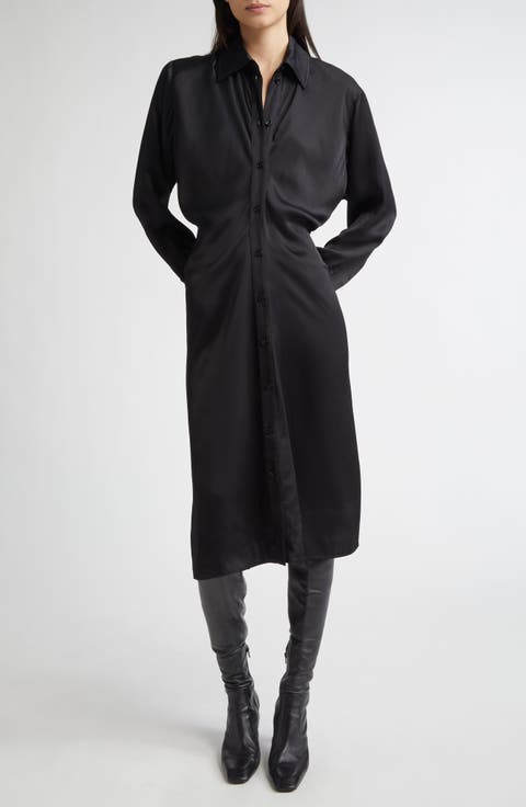 Slouch Long Sleeve Crepe Satin Midi Shirtdress