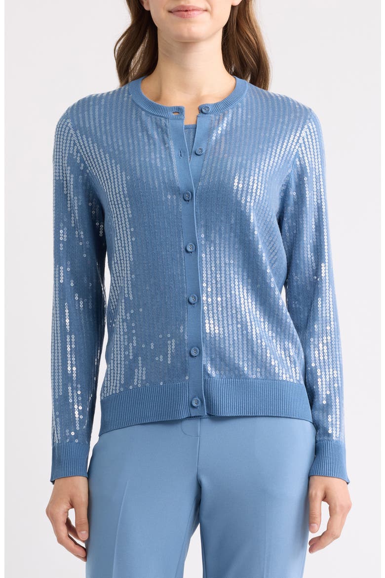 Sequin Metallic Stripe Crewneck Cardigan, Alternate, color, DUTCH BLUE