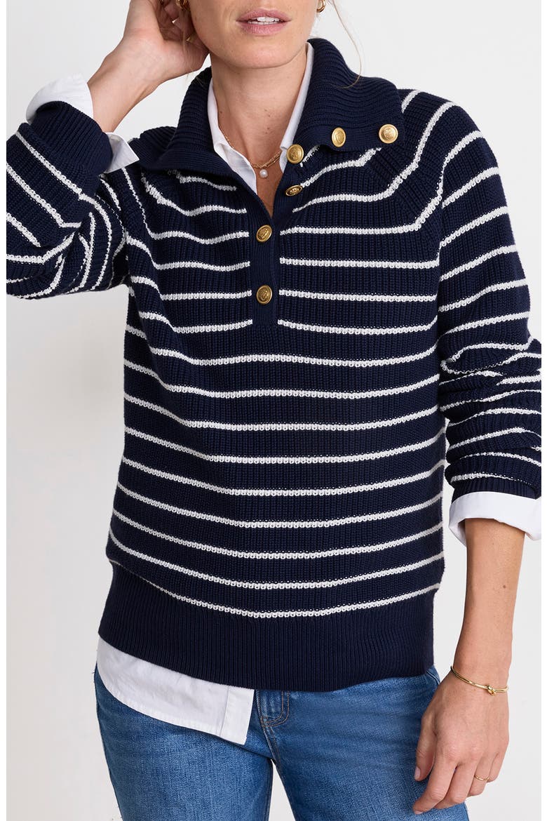 Stripe Half Button Sweater, Main, color, NAUTICAL NAVY