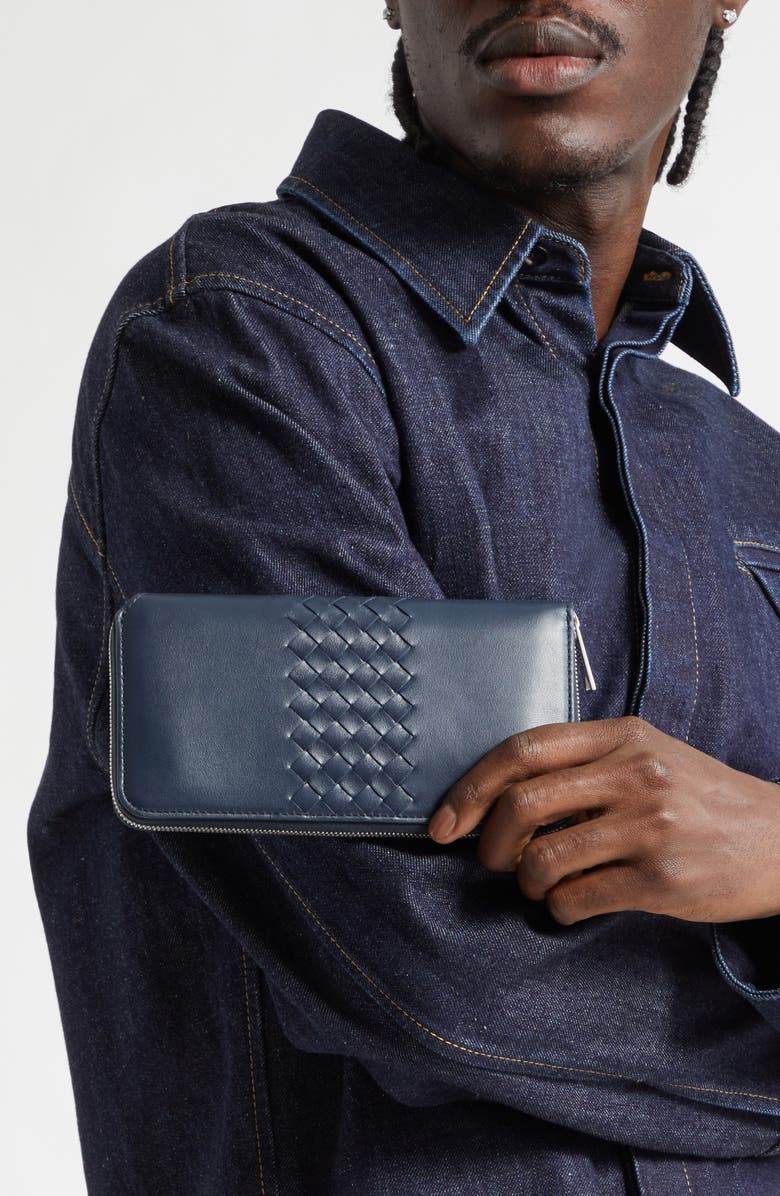 Bottega Veneta Piccolo Intrecciato Leather Zip Wallet, Alternate, color, 4035 Neptune-Silver