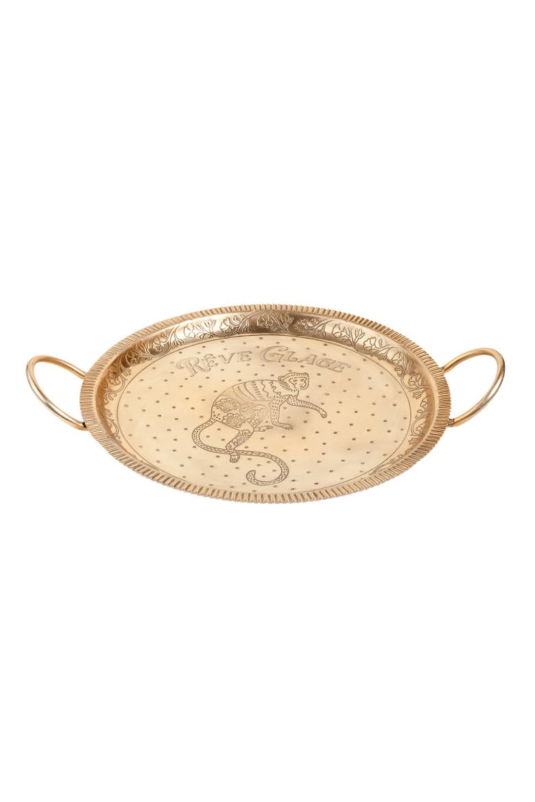 Nanpur Patterned Handle Round Metal Decorative Tray 17X14X3 In, Main, color, Gold
