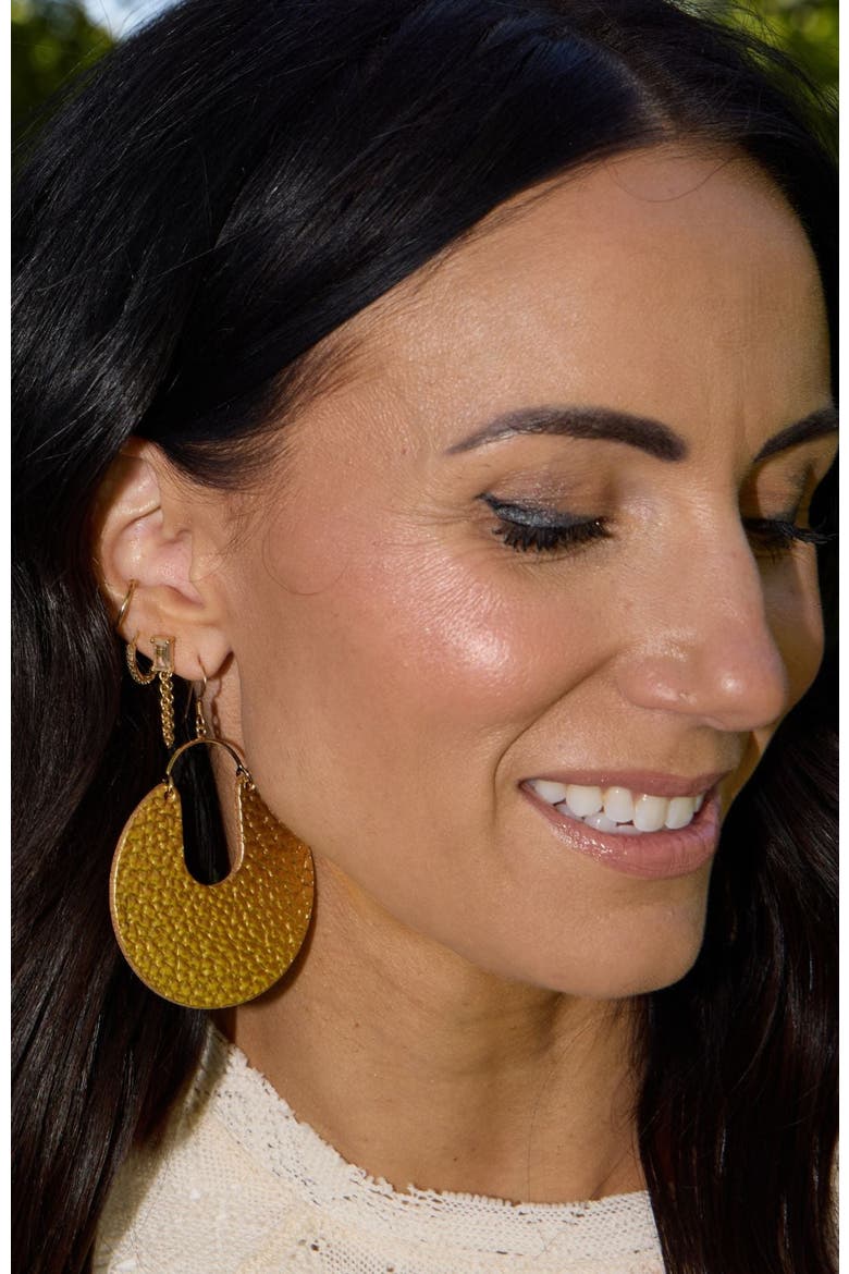 Leo Leather Hoop Earrings, Alternate, color, Hammered Gold