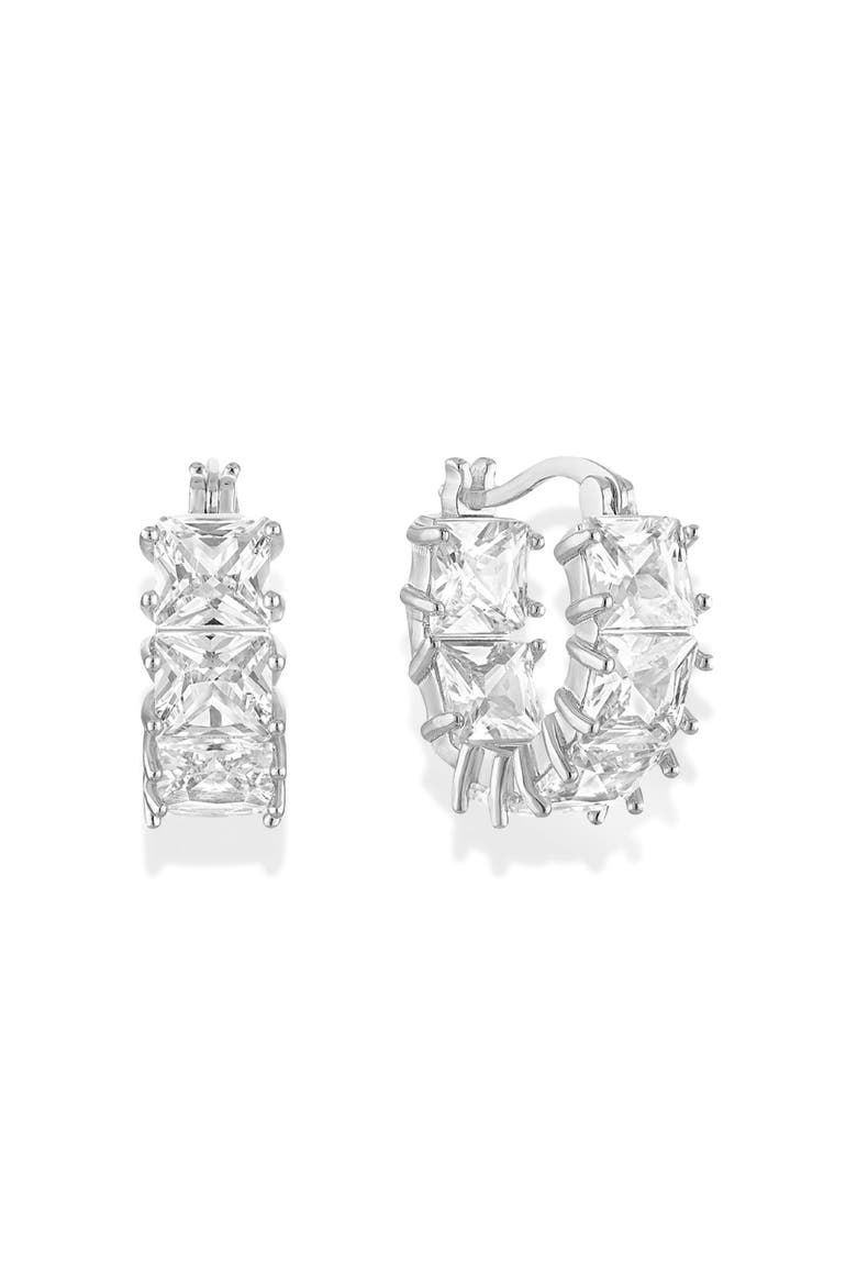 Square Cut Cubic Zirconia Huggie Hoops, Main, color, Silver
