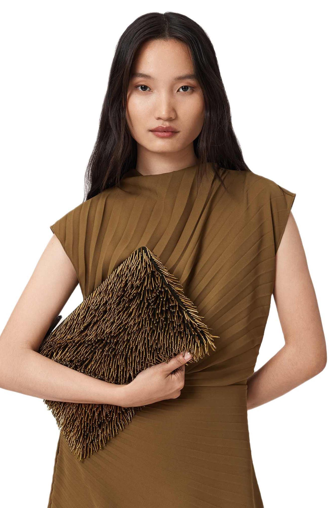 AllSaints Bettina Beaded Clutch, Alternate, color, Warm Brass