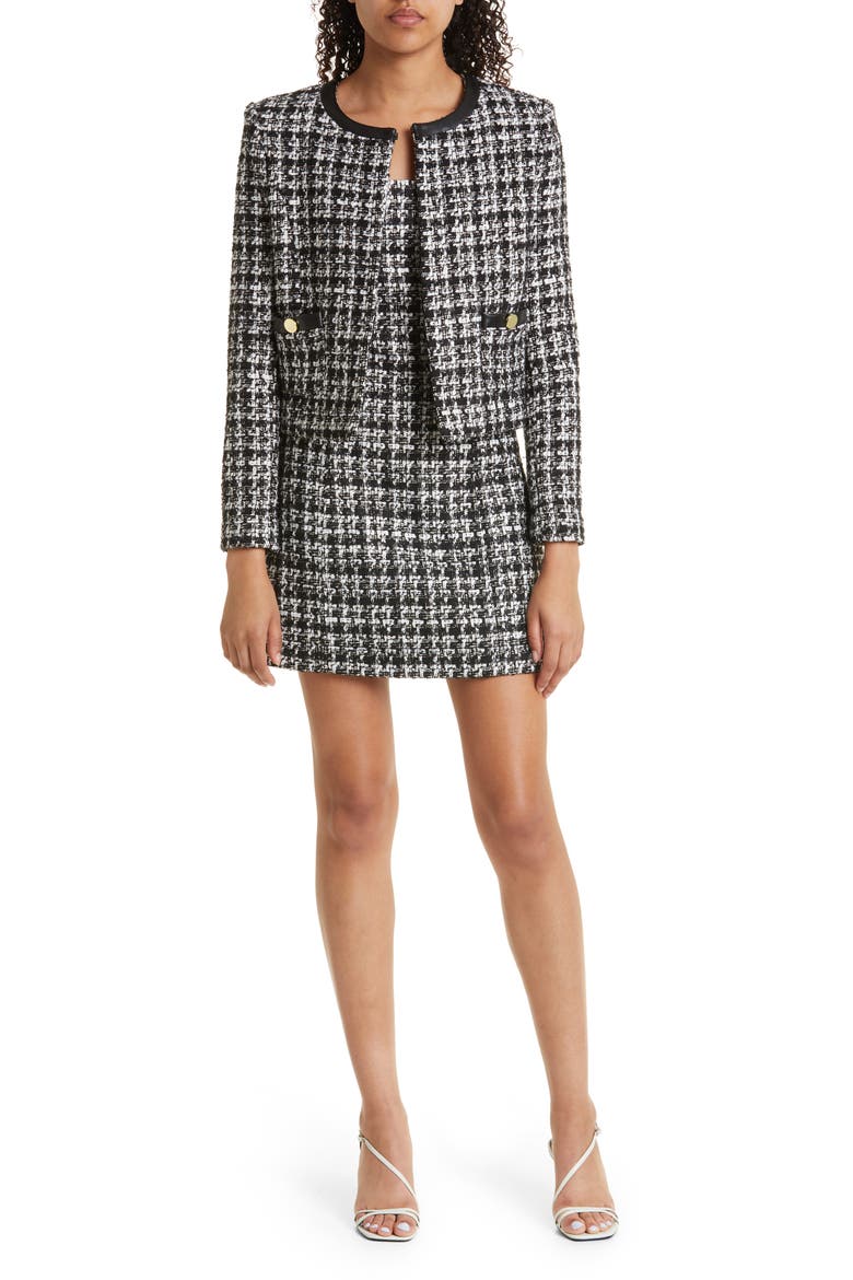 Donita Faux Leather Trim Tweed Jacket, Alternate, color, BLACK/ OFF WHITE