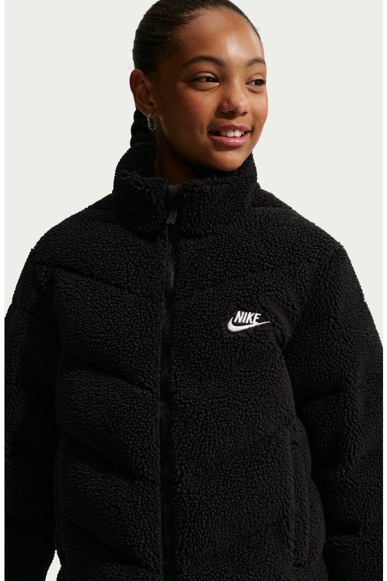 Kids' Sportswear Therma-FIT Faux Fur Puffer Jacket, Alternate, color, BLACK/ BLACK/ WHITE