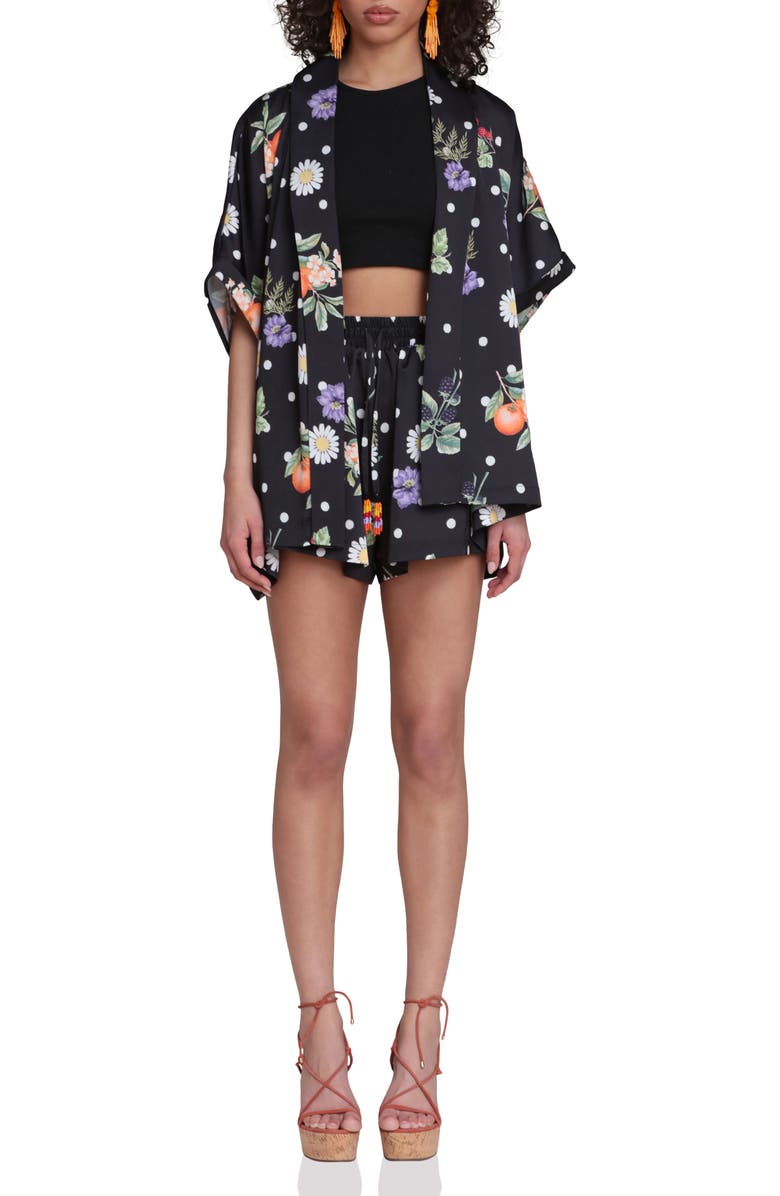 Avec Les Filles Floral Print Drawstring Shorts, Alternate, color, Black Scattered Botanical