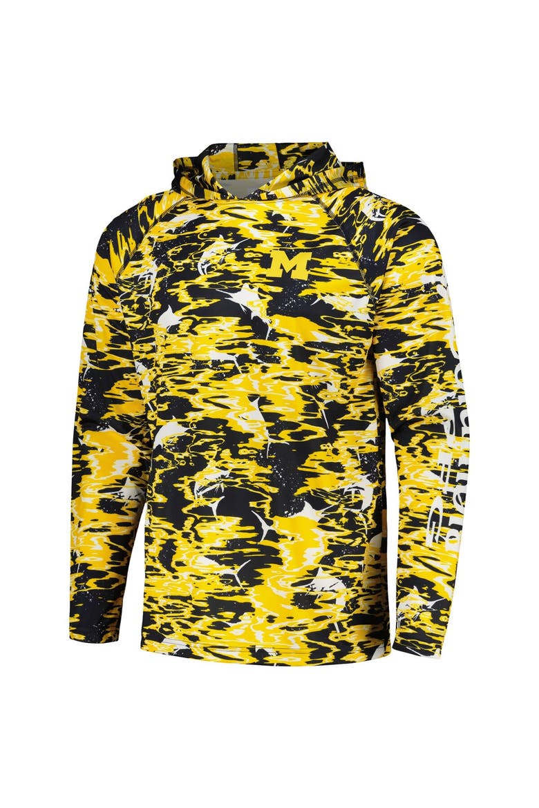 Men's Columbia Navy Michigan Wolverines PFG Terminal Tackle Omni-Shade Rippled Long Sleeve Hooded T-Shirt, Alternate, color, Navy