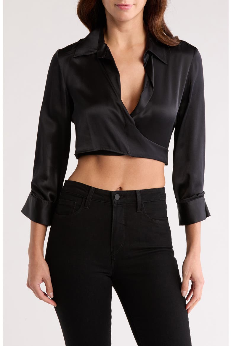 Ty Me Up Ty Me Down Surplice V-Neck Silk Top, Main, color, BLACK