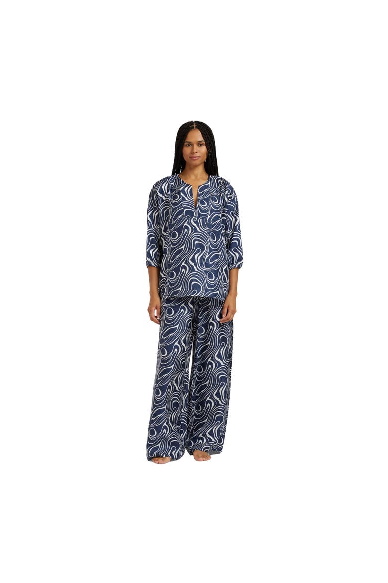 Women Wide-Leg Silk Pants Waves, Alternate, color, navy