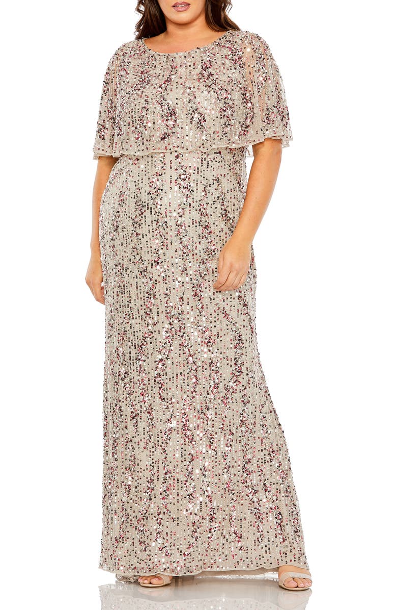 Mac Duggal High-Neck Sequin Embellished Dress with Semi-Sheer Cape Sleeves, Main, color, Taupe