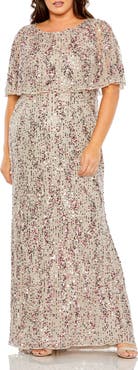 Mac Duggal High-Neck Sequin Embellished Dress with Semi-Sheer Cape Sleeves