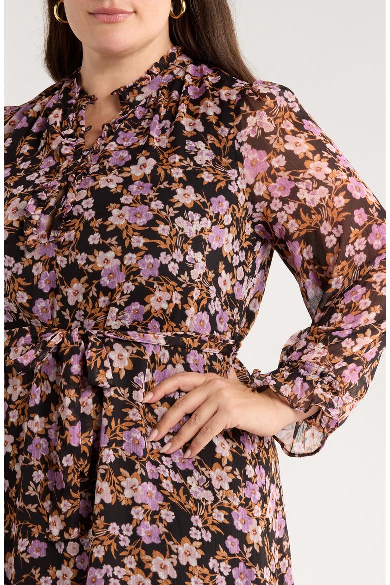 Floral Print Tie Waist Long Sleeve Dress, Alternate, color, RICH BLACK
