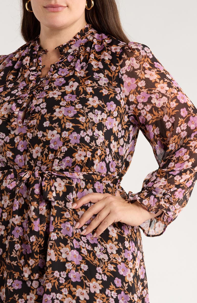 CeCe Floral Print Tie Waist Long Sleeve Dress, Alternate, color, Rich Black