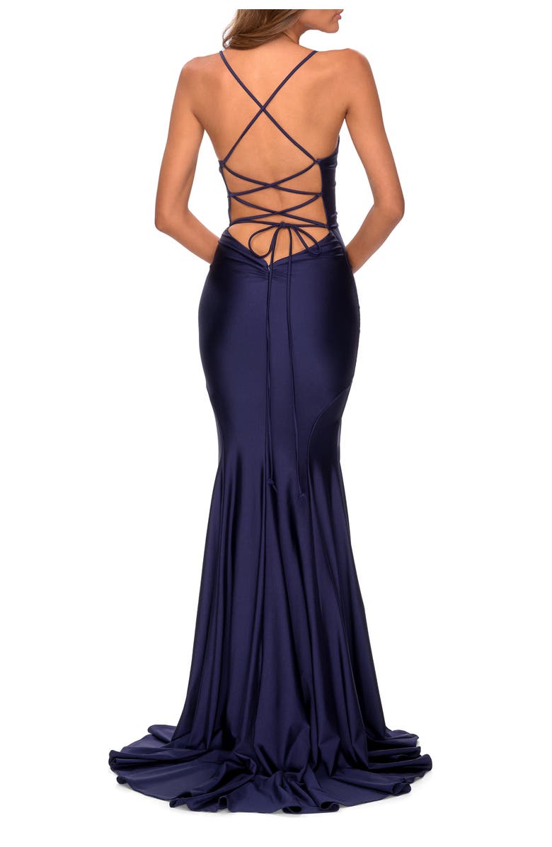 La Femme Form Fitting Jersey Prom Dress with Draped Neckline, Alternate, color, Navy